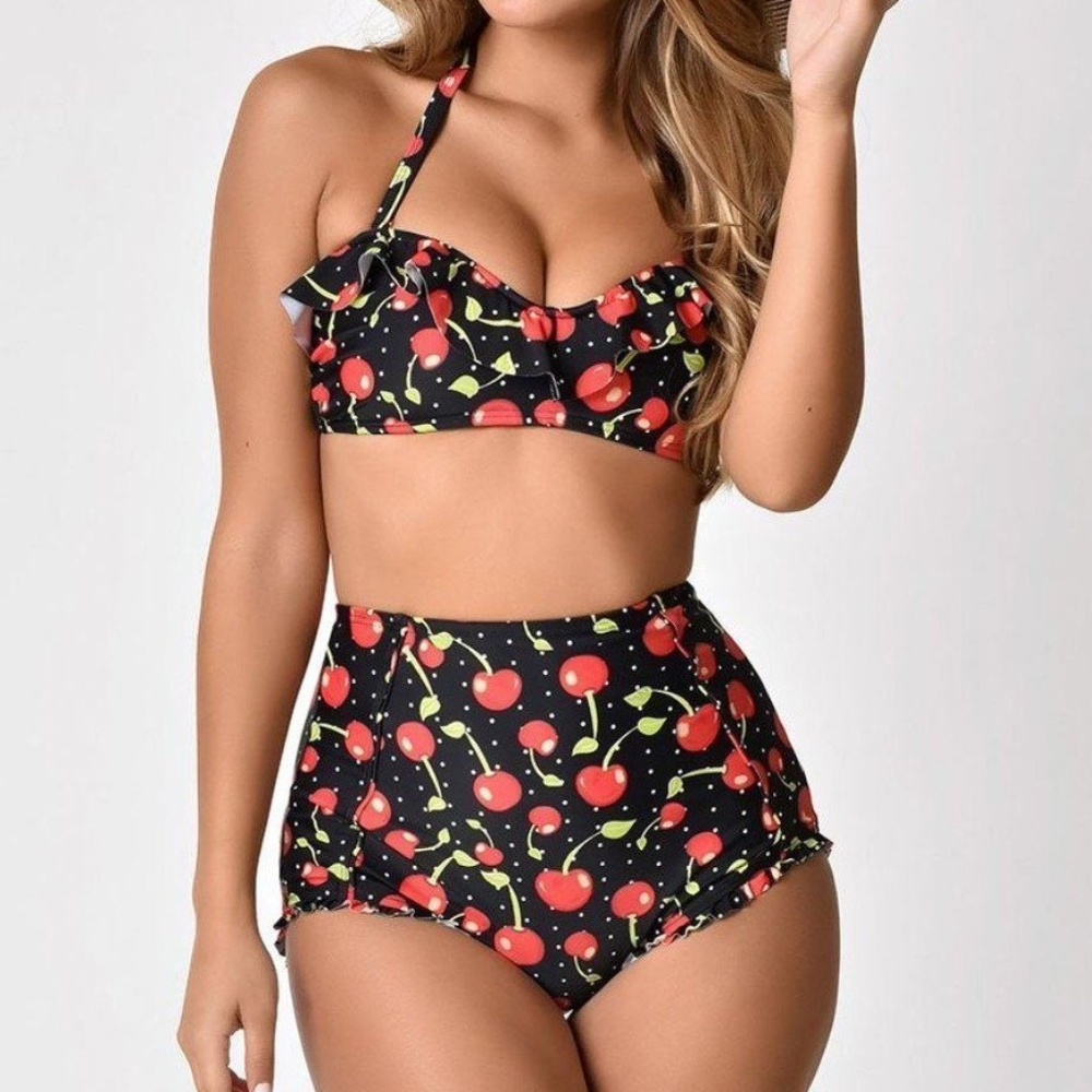 2X (XXL) Unique Vintage Bathing Suit Halter Top Cherry Print Retro